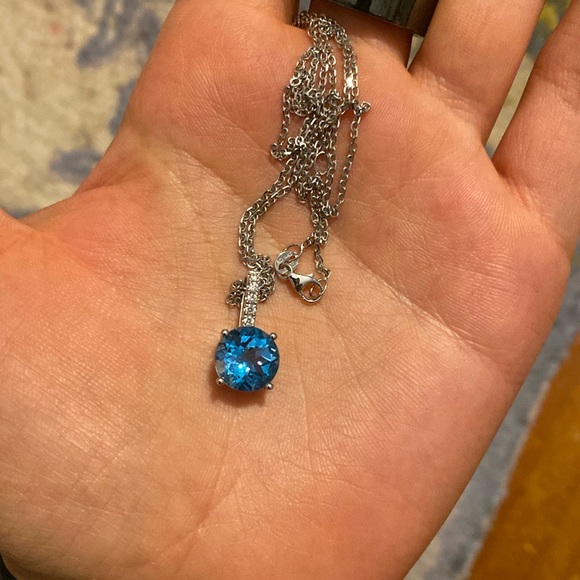 14K White Gold Blue Topaz and Diamond Pendant Necklace - Picture 5 of 5
